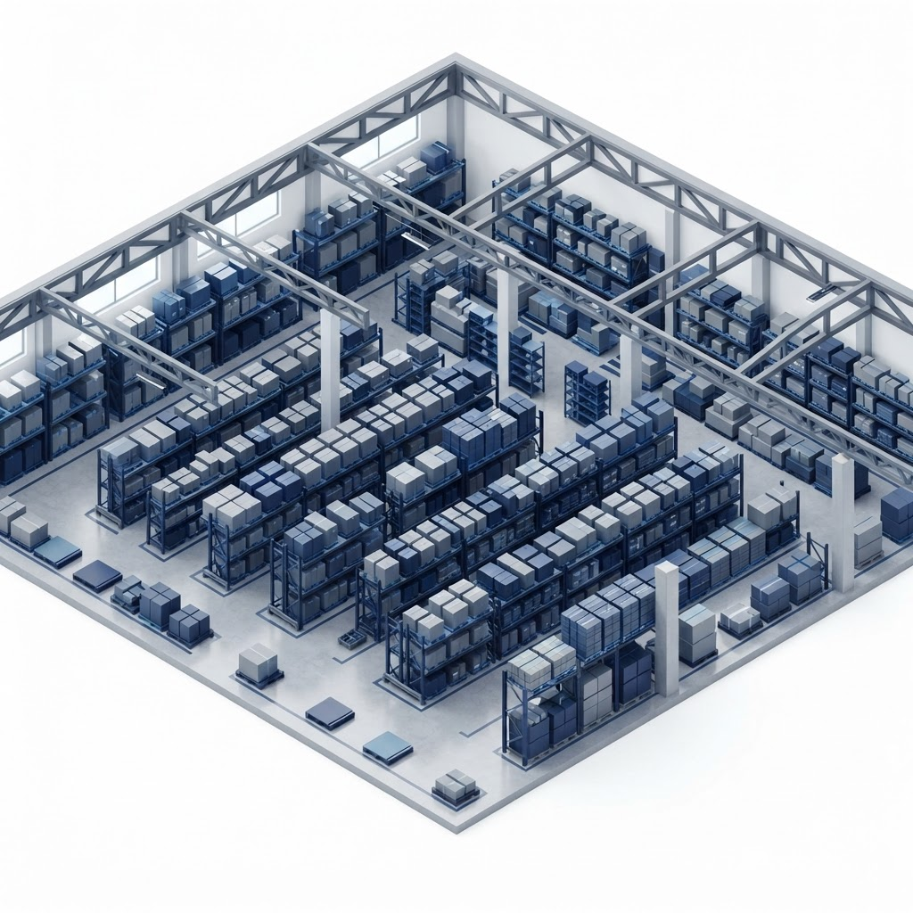 Abstract illustration of an organized industrial distribution warehouse