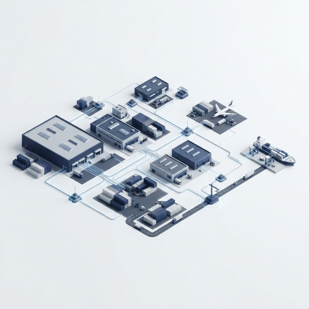 Abstract illustration of a connected supply chain and logistics network